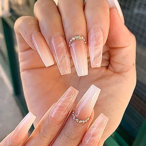 Brishow Coffin False Nails Long Fake Nails Nude Press on Nails Ballerina Acrylic Stick on Nails 24pcs for Women and Girls