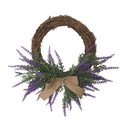 Warooma Artificial Spring Lavender Wreath with Bow,32.5cm Purple Flower Garland Farmhouse Arrangements Front Door Hanging Wall Home Wedding Decoration