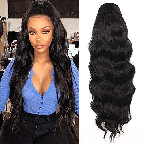 YEESHEDO Long Wavy Ponytail Hair Extension for Black Women Drawstring Ponytail Hair Extensions Clip in Black Curly Synthetic Hairpiece