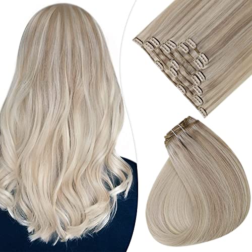 Easyouth Human Hair Clip in Hair Extensions 100g 14 Inch 7Pcs Double Weft Real Hair Clip Extensions Blonde Balayage Hair Extensions Clip Hair