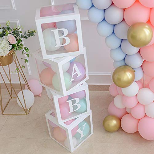 ALITREND Baby Shower Boxes Party Decoration, 4PCS Transparent Balloon Boxes Baby Block Decoration with Letter for Gender Reveal Party Boys Girls (White)