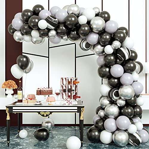 Black Balloon Arch Kit, 98pcs Chrome Silver Gray Agate Black and White Latex Balloon Garland Arch for Men Women Birthday Wedding New Year Halloween Graduation or Retirement Party