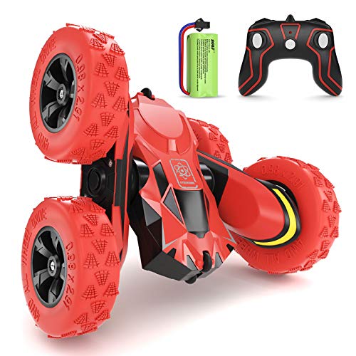 SGILE 4WD Remote Control Stunt Car, 360° Double Side Flips RC Car Birthday Toy Gift for 6-12 Years Old Kids, Red