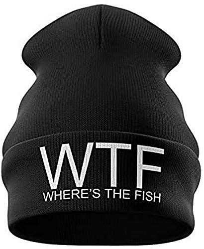 Fishing Gifts for Men - WTF Wheres The Fish Embroidered Carp Fishing Beanie Hat Mens Presents Funny Fishing Tackle (Black)