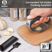 Load image into Gallery viewer, Bronze® Garlic Ginger Press Rocker with Cleaning Brush and Silicone Garlic Peeler Garlic Crusher Stainless Steel Kitchen Gadget Food Grade Ergonomic Handle Garlic Chopper Easy to Clean Easy to Use
