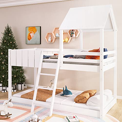 Bunk Bed Single Bed Frames Wooden Kids Beds White 3ft Loft Bed with Ladder Mid Sleeper Cabin Bed Frame (White)