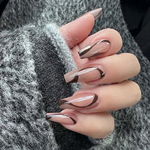 Load image into Gallery viewer, Handcess Coffin Glossy False Nails Brown Line Fake Nails Long Nude Press on Nails Ballerina Acrylic Stick on Nails 24pcs for Women and Girls
