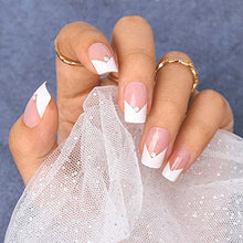 Load image into Gallery viewer, Sethexy Short Square Fake Nails French Ballerina Rhinestone False Nails Glossy Stick on Nails 24Pcs Acrylic Art Press on Nail Tips for Women and Girls
