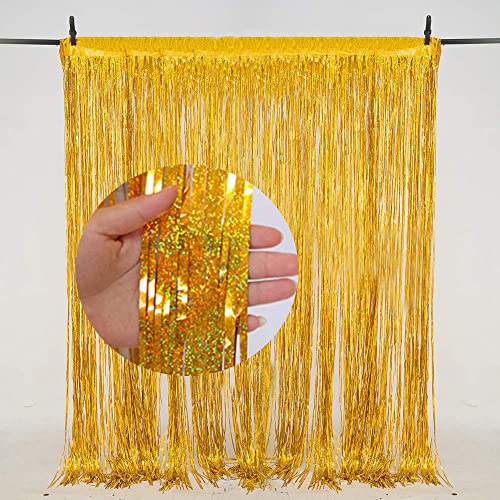 AILEXI 3 Pack Metallic Tinsel Curtains Foil Fringe Shimmer Streamers Curtain Door Window Decoration for Party Supplies 3ft*6.56ft - Laser Gold