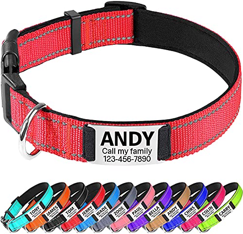 TagME Personalised Dog Collar Reflective Padded Collar for Medium Dogs with Custom Engraved Slide On Name Plate,Red M