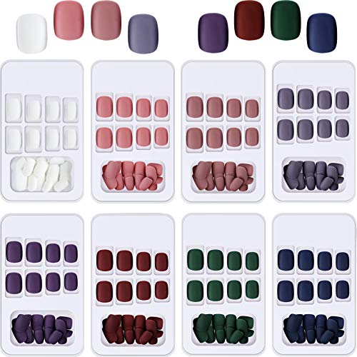 192 Pieces Short Matte Press on Nail Acrylic Short Square Glue on Nails Colorful False Nails Full Cover Coffin Artificial Fake Nail for Women and Girls 8 Boxes (Multicolor)