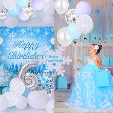 Load image into Gallery viewer, 5th Frozen Birthday Decoration Girls,Frozen Balloon Garland Arch Kit with Background Poster,Birthday Cake Topper,White Blue Purple Confetti Foil Balloons,Snowflake Balloons for Princess Party
