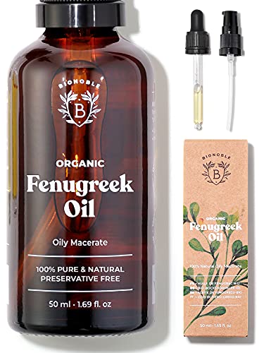 ORGANIC FENUGREEK OIL | Fenugreek Seed Oily Macerate made with Sunflower Oil | 100% Pure & Natural | Body, Chest, Buttocks, Hair, Nails | Vegan & Cruelty Free | Glass Bottle + Pipette + Pump (50ml)