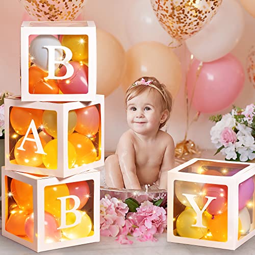 Baby Shower Boxes Party Decorations with 4 Warm White Fairy Lights and 32 Balloons, 4 PCS Transparent Boxes Baby Shower Blocks for Girls Boys Baby Shower Decorations ()