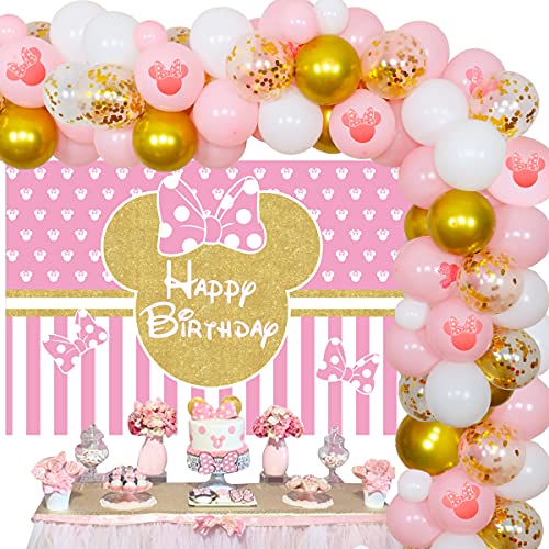 Minnie Theme Birthday Decorations Balloon Garland Arch Kit Happy Bithday Backdrop Confetti Balloons Minnie 1 2 3Years Old Girls Birthday Party Supplies
