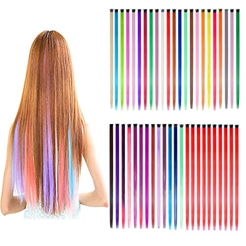 GIHENHAO 46 Pcs Coloured Hair Extension in 22 Inch Rainbow Hair Extensions Hairpieces,Party Highlights Synthetic Clip in Long Hairpiece for Women Girls Kids Gift(36 Colors 46pcs)