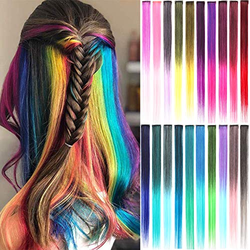 ColorfulPanda 20Pcs Ombre Colour Clip in Hair Extensions for Womens Kids Rainbow Straight Hair Extension Multi-Colors Party Highlights Synthetic Hairpieces(20 Inches)
