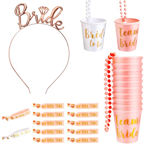 25 PCS Bride Headband Tiara Hen Party Shot Glasses Necklace Bride Tribe Wristbands Bride to Be Team Bride Accessories for Wedding Bridal Shower Bachelorette Party Hen Party
