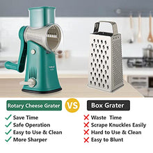 Load image into Gallery viewer, WellToBe Rotary Cheese Grater with a Free Peeler - Vegetable Slicer Cheese Shredder with 5 Stainless Steel Interchangeable Blades - Strong Suction Base &amp; Durable Chute &amp; Easy to Clean
