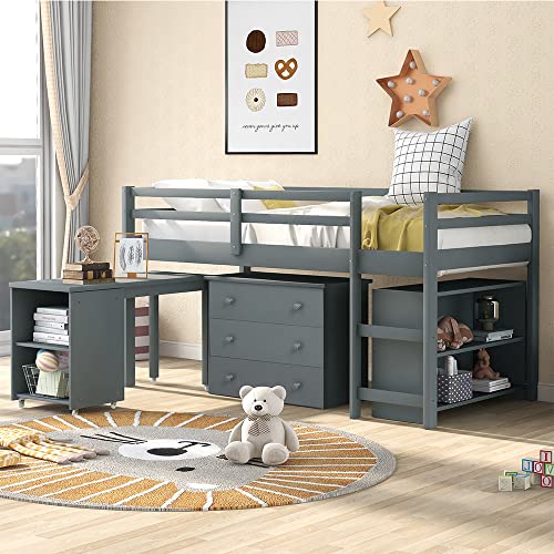 Cabin Bed Mid Sleeper Beds for Kids Bed with Stairs & Pull Out Desk & Chest Drawers & Storage Shelves Childrens Bed Loft Bed Single Wooden Bunk Beds Fits for 190x90cm Mattress (Not Included) (Grey)