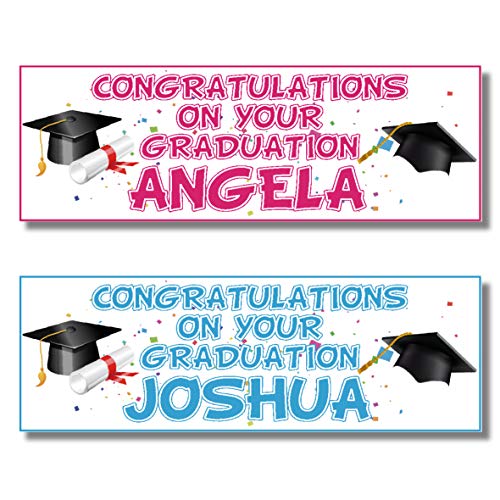 2 Personalised Graduation Banners - Congratulations - Any Name - Any Message (Approx 3ft x 1ft) (Blue)