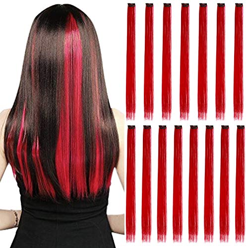 15Pcs Color Straight Hair Extensions Clip in 20 Inch Red Synthetic Clip in Hair Extensions Party Highlights Synthetic Clip in Long Hairpiece for Women Girls Kids Gift Red