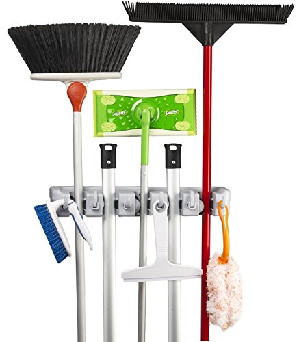 KINGTOP Broom Mop Holder, Wall Mounted Organizer with 5 Position 6 Hooks, Utility Room Storage Solutions for Kitchen, Bathroom, Garage and Garden