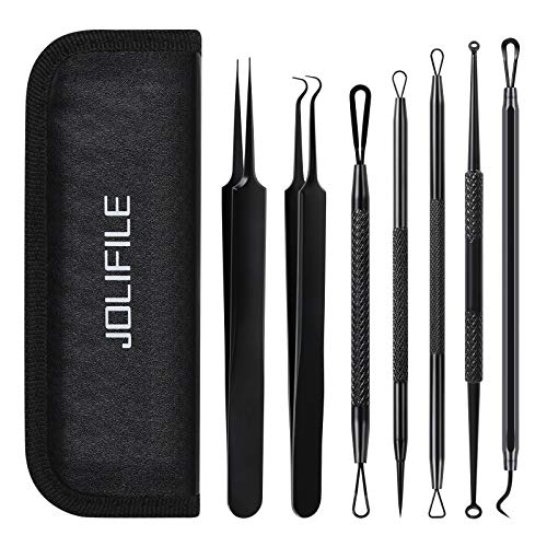 Blackhead Remover Tool,JOLIFILE 7pcs Pimple Popper Tool Kit,Acne Comedone Extractor Tools with Tweezers for Nose Face Blemish Whitehead Popping-Black