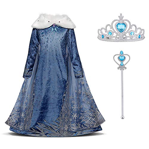 URAQT Elsa Costume, Elsa Dress Princess Dress Up for Girls, Fancy Dress with Fairy Wand and Crown Tiara for Wedding/Party/Cosplay
