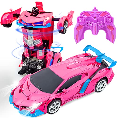 Remote Control Car - Transforming Robot Toys RC Cars for Kids Boys Girls Age 8-12,1:18 Scale Transform Robot Remote Control Car 2 in 1 Transformation & 360 Speed Drifting (Pink)