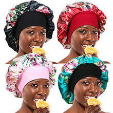 Load image into Gallery viewer, 4 Pieces Wide Band Satin Cap Sleep Bonnet Soft Night Sleep Hat Hair Loss Cap Salon Bonnet for Women, 4 Colours
