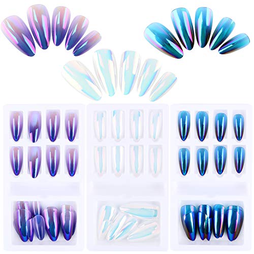 72 Pieces Reusable Artificial Nail Tips Full Cover Nail Tips Press On Nails Art False Tips Gradient Purple Glitter Silver Shinning Dark Blue