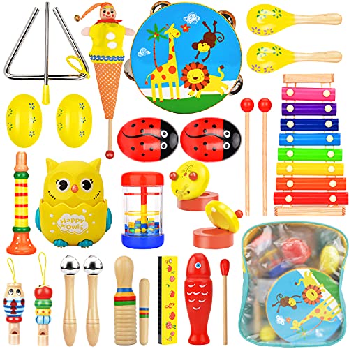 Wesimplelife Toddlers Musical Instruments,Wooden Percussion Instrument Toys Rhythm Band Set Include Tambourine Xylophone Early Education Toys Gift for Kids with Storage Bag