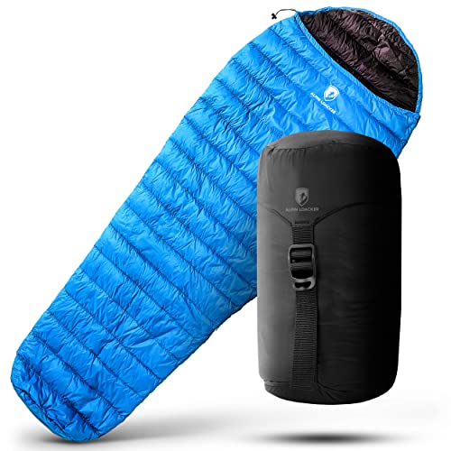 Alpin Loacker Sleeping Bag 460 g Light Summer Sleeping Bag -The Premium Summer Down Sleeping Bag Ultralight with Small Pack Size for Hiking and Camping,Blue