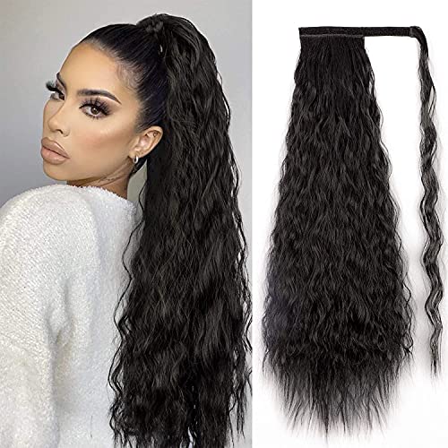 Long Corn Wave Ponytail Extension Clip in Ponytail Extension Wrap Around Long Wavy Curly Pony Tail Hair Fluffy Synthetic Hairpiece for Women (2#Black Brown)