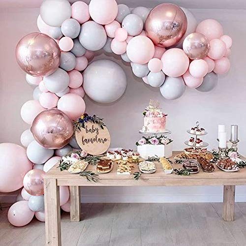 Balloon Arch Kit, Grey Pink Latex Party Balloon & 4D Rose Gold Foil Balloons Decoration, 109PCS (53pcs Double-Stuffed Pastel Balloons) for Valentine's Day, Wedding Baby Shower Birthday