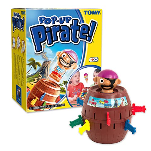 TOMY Games T7028 TOMY Pop Up Pirate Classic Children's Action Board Game Toy, Wood-Choc Brown