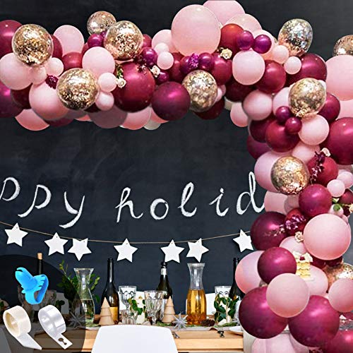onehous Balloon Garland Kit, 119 pcs Burgundy Pink Metallic Latex Balloons Arch Kit with 16ft Tape Strip & Dot for Birthday Wedding Party Decorations