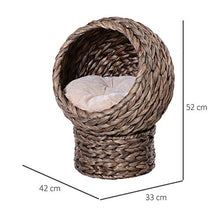 Load image into Gallery viewer, PawHut Woven Banana Leaf Elevated Cat Bed Wicker Kitten Basket Pet Den. House Cozy Cave with Soft Cushion Dome 42x33x52cm Grey
