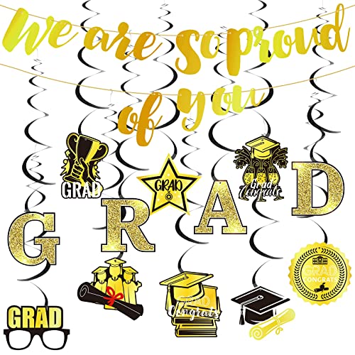 ADXCO Graduation Party Decorations 2022 Graduation Hanging Swirls Foil Ceiling Streamers with We Are so Proud of You Banner for School Classroom Grad Party Decor Supplies (Black and Gold)
