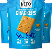 Load image into Gallery viewer, Keto Crackers (Sea Salt), Low carb Crackers, Keto Snacks, Low carb Snack. No Added Sugar, high Fibre &amp; Gluten Free (3 x 64g Packs). Almond Flour Crackers, Keto Snacks no Carbs no Sugar, Paleo
