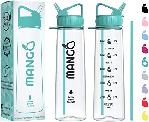 Mango Water Bottle With Straw - 900ml Motivational Time Markings - BPA Free Sports Bottles With Flip Nozzle And Leakproof Cap