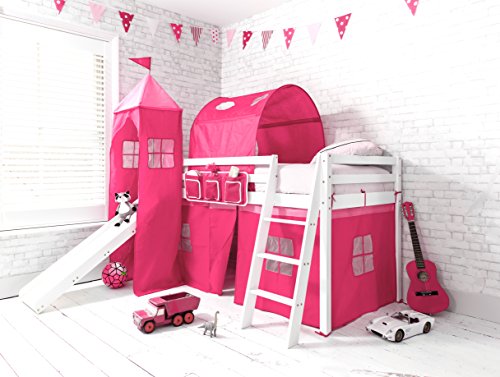 Noa and Nani - Midsleeper Cabin Bed with Slide and Pink Princess Tent, Tunnel and Tower - (White)