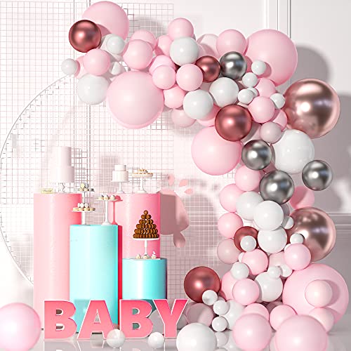 VAINECHAY Balloon Arch Kit Pink White - Metallic Latex Party Balloons Garland Confetti for Girls Baby Shower, Wedding, Bridal Shower, Women Birthday Decorations