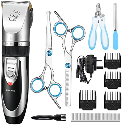 Dog Clippers, Cordless Pet Clippers Low Noise Dog Hair Clippers Rechargeable Dog Grooming Clippers Pet Grooming Kit 12Pcs Dog Shaver with 4 Comb, Quiet Electric Cat Shears for All Pets