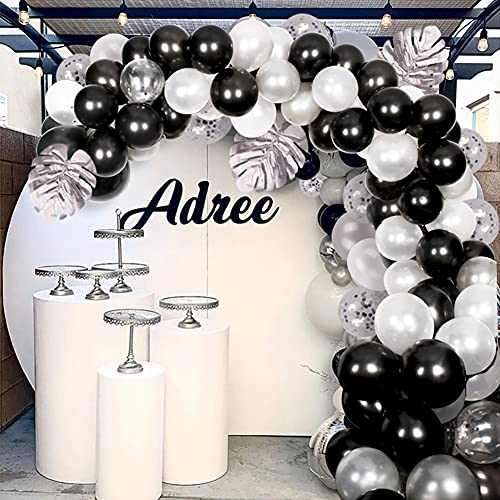 Balloon Arch Garland Maker Kit, 100PCS Black White Silver Balloons for Boys, Girls Birthday Decorations, with Silver Palm Leaf, for Baby Shower, NYE, Wedding, Graduation Party