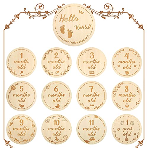 Baby Monthly Wooden Cards, 26 design 13 Pieces Newborn Milestone Baby Gift Sets Monthly Milestone Cards Baby First Year Growth Photo Picture Commemoration Props, Double Sided