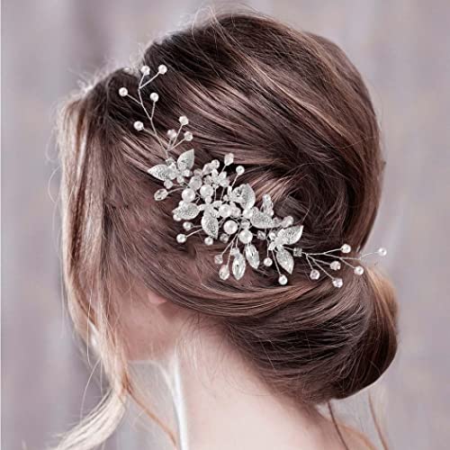 Handcess Leaves Bride Wedding Headband Silver Wedding Crystal Headpiece Pearl Flower Hair Vine Rhinestone Bridal Hair Accessories for Bride and Bridesmaids