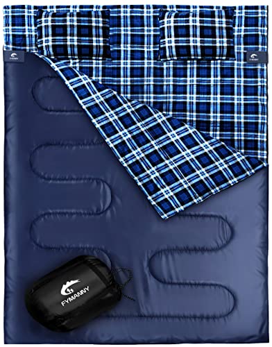 WERTYCITY Double Sleeping Bag Cotton Flannel for Camping Backpacking Hiking, Queen Size XL for 2 Person, Cold Weather Lightweight Waterproof Sleeping Bag with 2 Pillows for Adults and Kids(Navy)