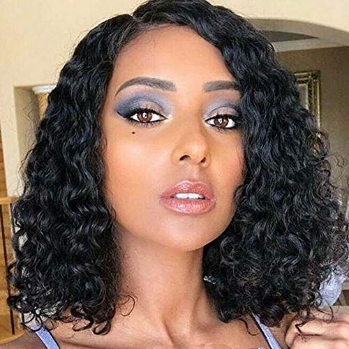 S-noilite Brazilian Curly Virgin Human Hair Wigs Short Bob Deep Wave Natural Black None Lace Wig Adjustable Cap for Women (12